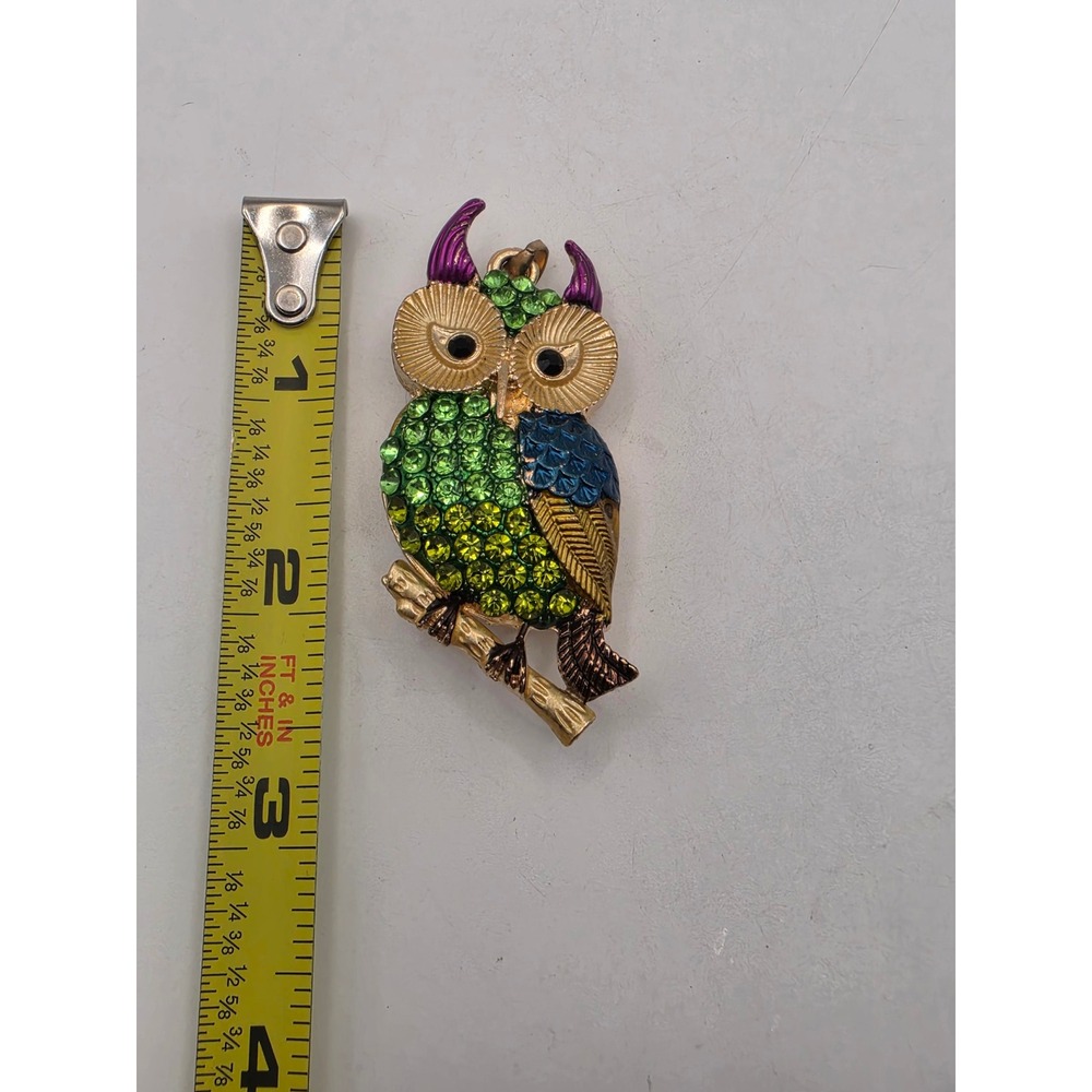 Gold Tone Multi Color Rhinestone Owl Pendant Horned Bird Statement Jewelry - Picture 2 of 3
